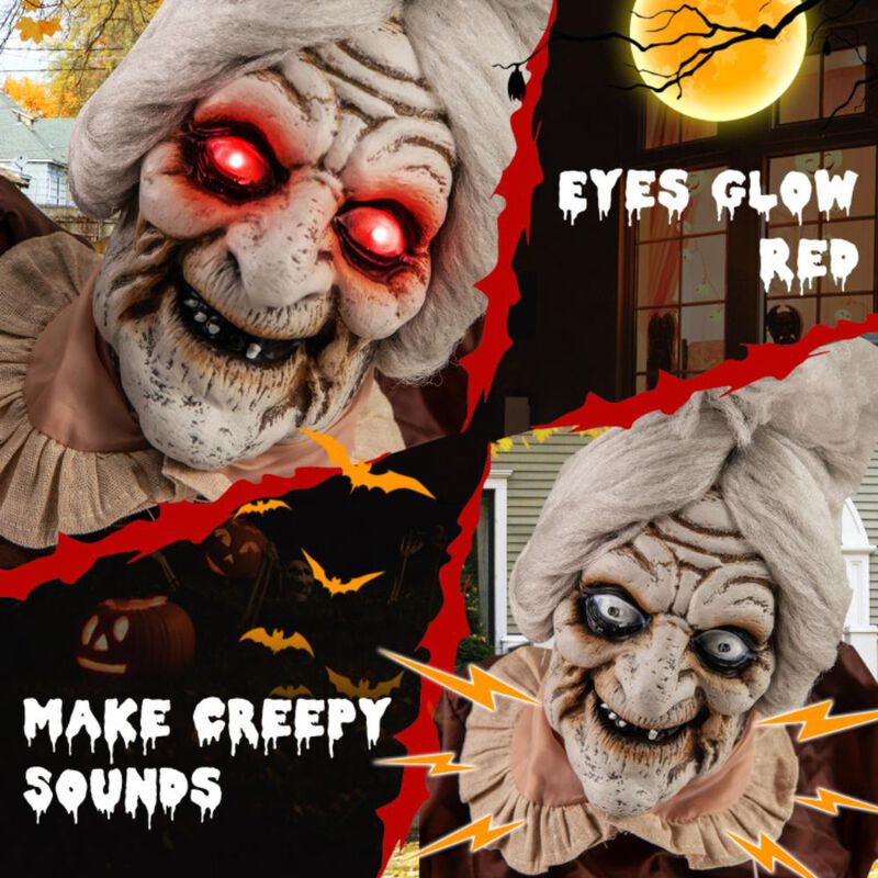 Hivvago Life-Size Halloween Animatronic Moving and Talking Old Lady Hag Prop