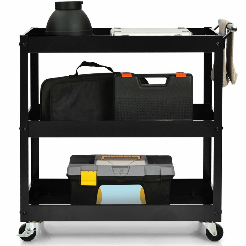 3-Tier Utility Cart Metal Mental Storage Service Trolley in Black