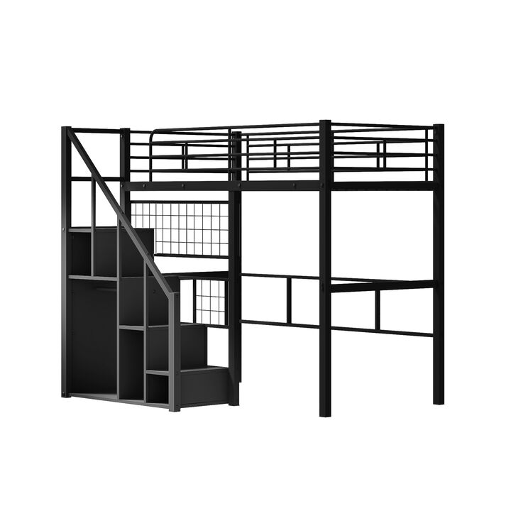 Merax Metal Loft Bed with Storage Staircase and Small Wardrobe