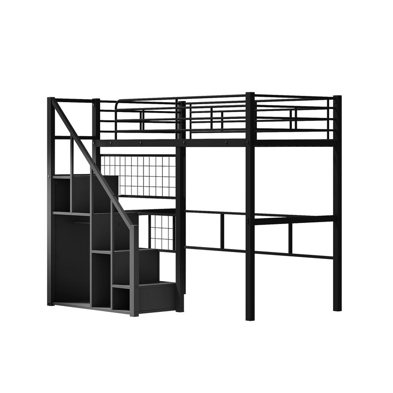 Merax Metal Loft Bed with Storage Staircase and Small Wardrobe