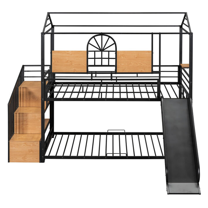 Merax Metal House Bunk Bed with Slide and Storage Stair