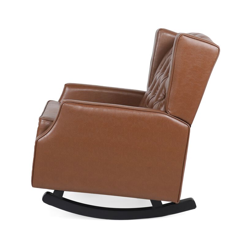 Zyna Rocking Chair, Gentle Motion, Brown Waffle Stitch Faux Leather - Benzara