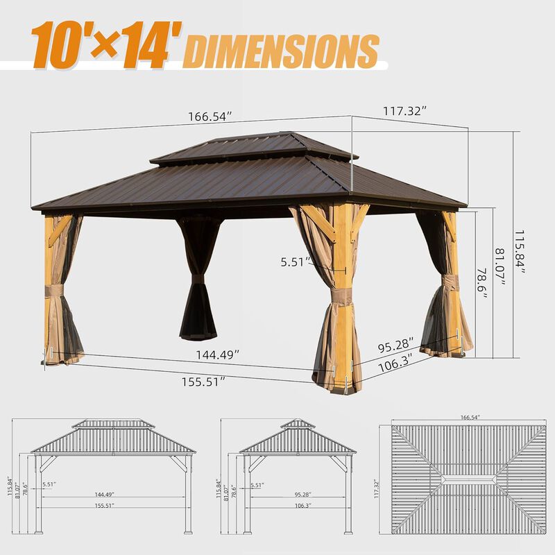 Mondawe 10x14ft Cedar Hardtop Gazebo,Adjustable Outdoor Sunshade Curtain,Weather-Resistant Outdoor