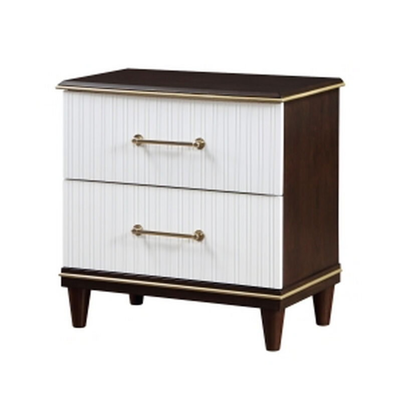 Shim 29 Inch Nightstand with 2 Drawers, Gold, White, and Cherry Brown Wood - Benzara