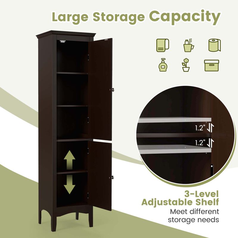 Costway Tall Bathroom Floor Cabinet Narrow Linen Tower with 2 Doors & Adjustable Shelf Grey