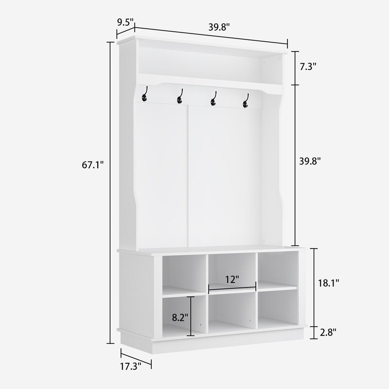 White Painted Hall Tree with Bench and Storage Cubbies