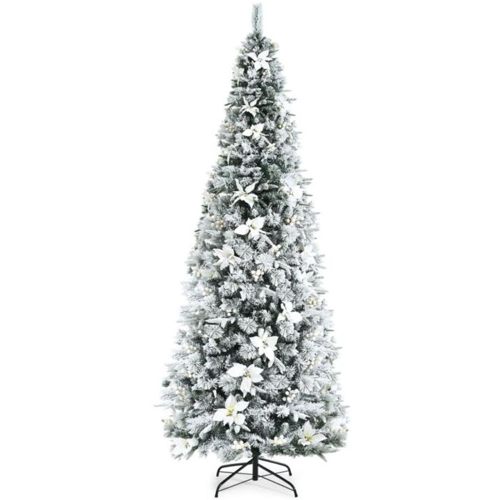 Hivvago 5/6/7/8 Feet Snow Flocked Christmas Tree with Berries and Poinsettia Flowers