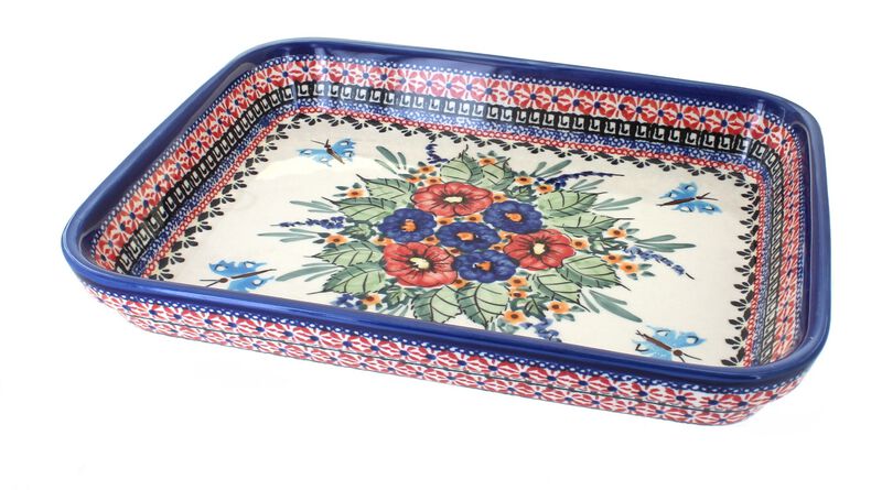 Blue Rose Polish Pottery Floral Butterfly Medium Rectangular Baker