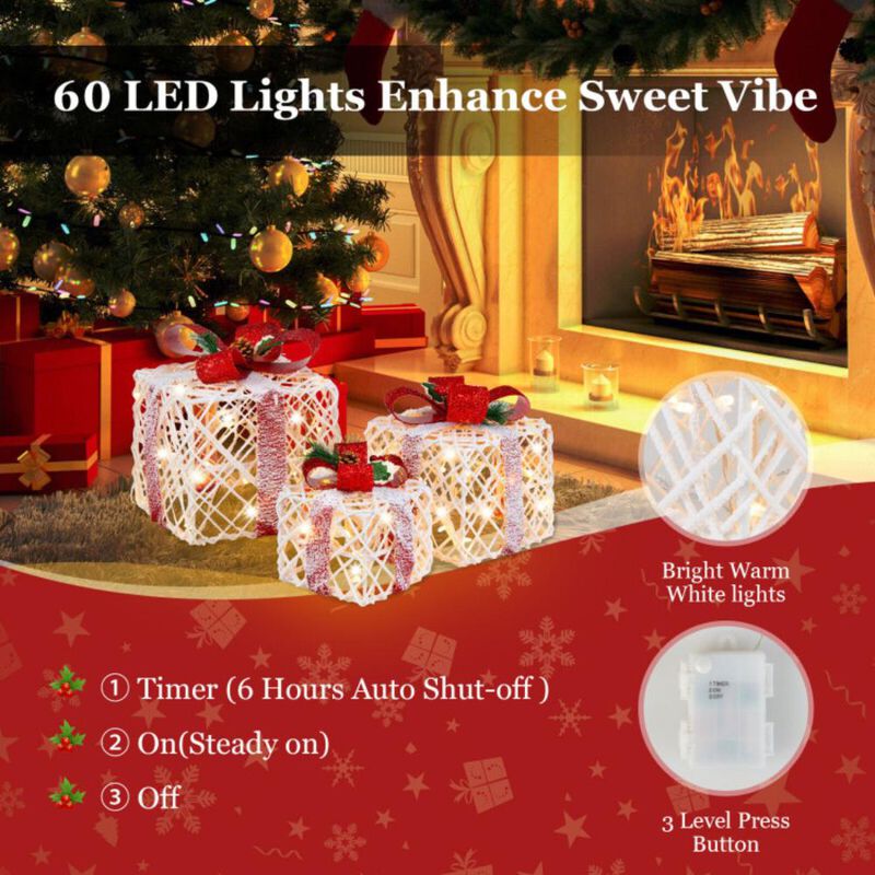 Hivvago Set of 3 Christmas Lighted Gift Boxes Decorations with Red Bowknots
