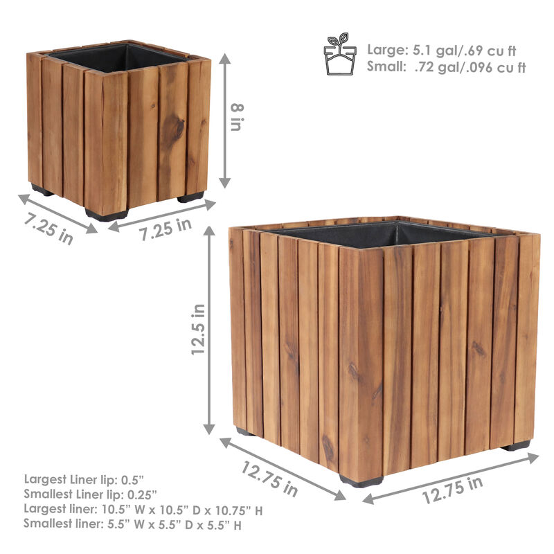 Sunnydaze 2-Piece Acacia Square Planter Boxes with Liners