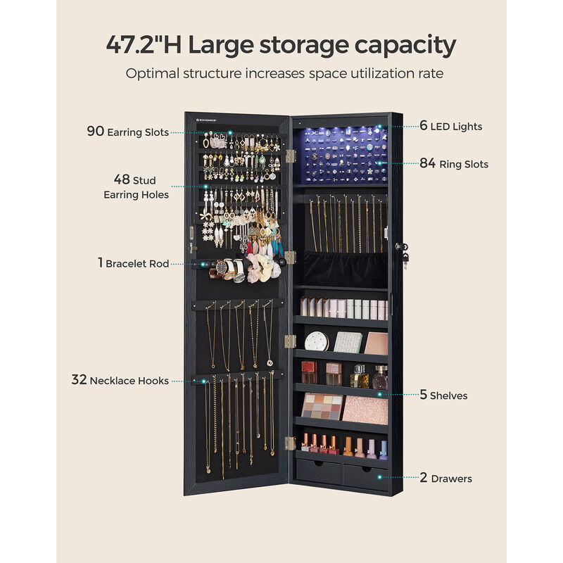 Mirror Jewelry Armoire with 6 LEDs - 47.2" Lockable Wall/Door Mounted Cabinet with 2 Drawers
