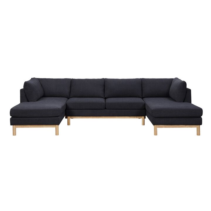 Hle 124 Inch Wide Sectional Sofa Double Chaise, U Shape, Black Sherpa, Wood - Benzara