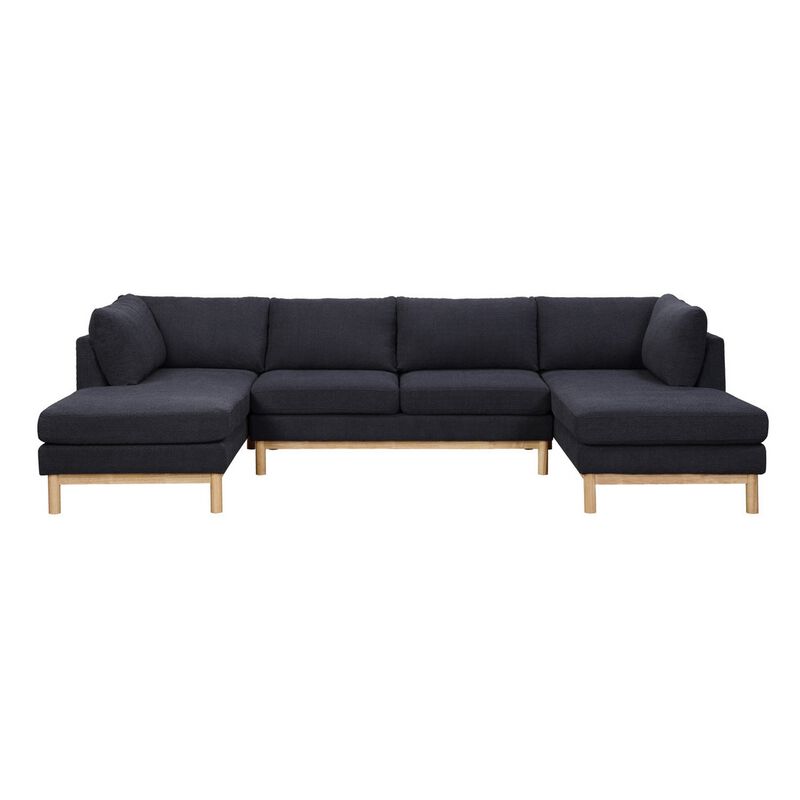 Hle 124 Inch Wide Sectional Sofa Double Chaise, U Shape, Black Sherpa, Wood - Benzara