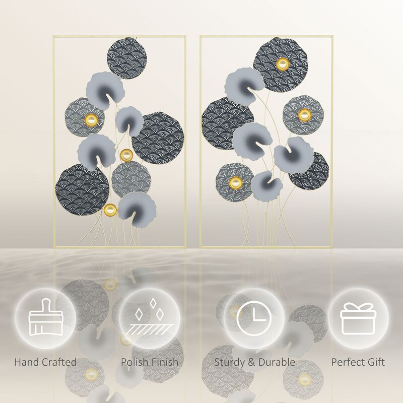 Grey/Gold Wall Art: 3D Metal Lotus Leaves Set for Room Decor