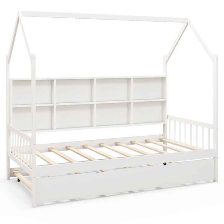 Hivvago Twin Size Kids Montessori Daybed with Roof and Shelf Compartments-White