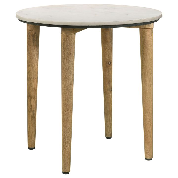 Wolu 22 Inch Side End Table, White Marble Round Top, Natural Brown Wood  - Benzara