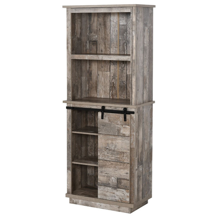 Vintage Wood Kitchen Organizer: 64.5" Buffet Hutch with Barn Door