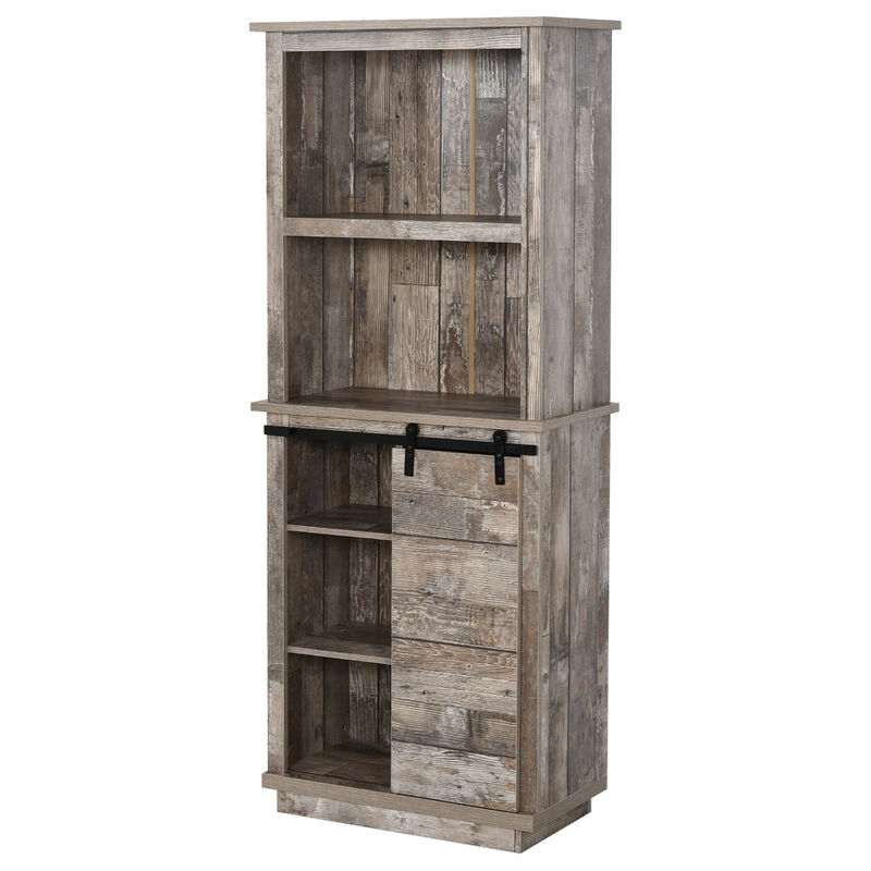 Vintage Wood Kitchen Organizer: 64.5" Buffet Hutch with Barn Door