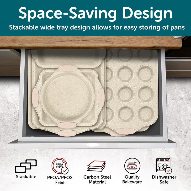 BAKKENMASTE 18-Piece Deluxe Nonstick Carbon Steel Bakeware Set - Professional Kitchen Oven Baking Pans with White Silicone Handles and Accessories