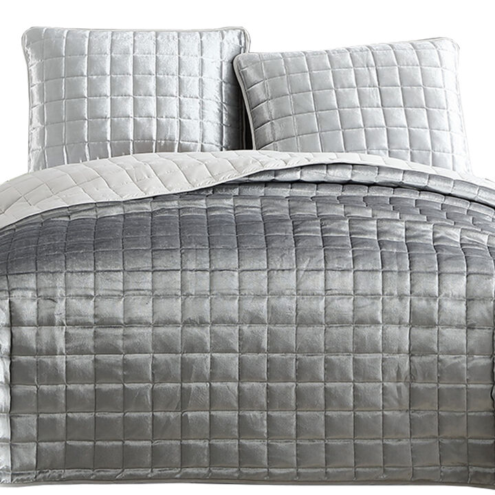 3 Piece King Size Coverlet Set with Stitched Square Pattern, Silver-Benzara