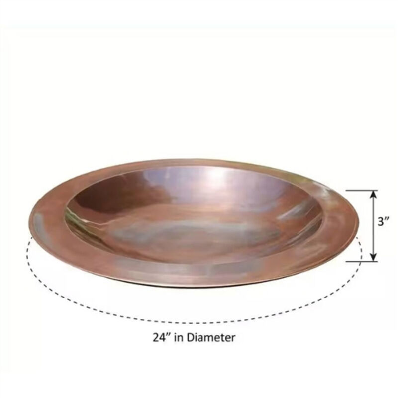 Large Round Copper Plated Brass Bird Bath with Rimmed Bowl Design