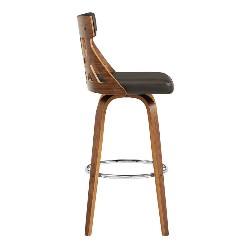 Crux Swivel Bar Stool in Cream Faux Leather and Walnut Wood