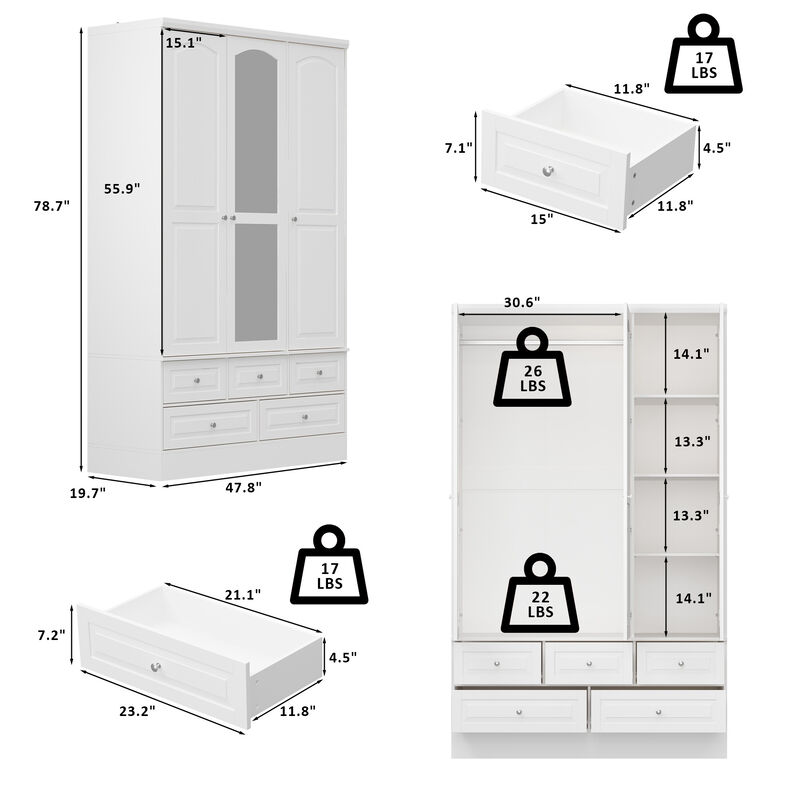 FUFU&GAGA Wardrobe with Mirror Doors, Hanging Rod, Shelves, and Drawers - Elegant Closet Storage Solution (47.8" W x 19.7" D x 78.7" H),White