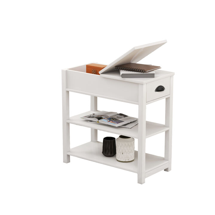 Narrow Sided Table With Drawers And Bottom Partition In Flip Over Design - White