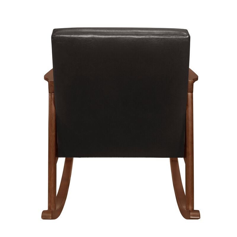Ciao 37 Inch Rocking Chair Armchair, Dark Brown Faux Leather, Solid Wood - Benzara