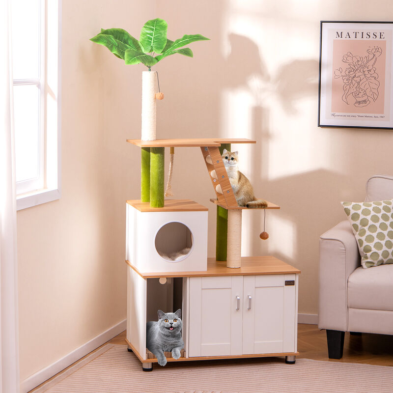 Hidden Cat Washroom Cabinet with Built-In Tower and Play Area for Indoor Cats