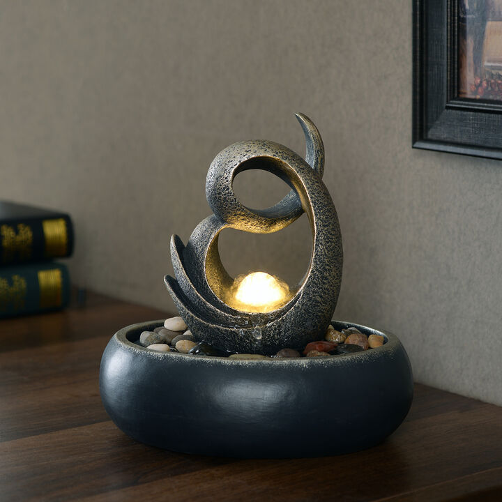 Teamson Home Indoor/Outdoor Abstract Tabletop Bowl Fountain with LED Light, Black