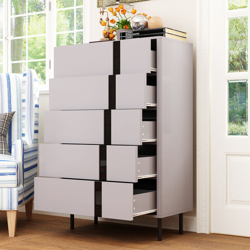 FUFU&GAGA Modern Gray Dresser with 5 Drawers, P2 MDF with Black Glass Accents (31.5" W x 47.2" H x 15.7" D), Gray