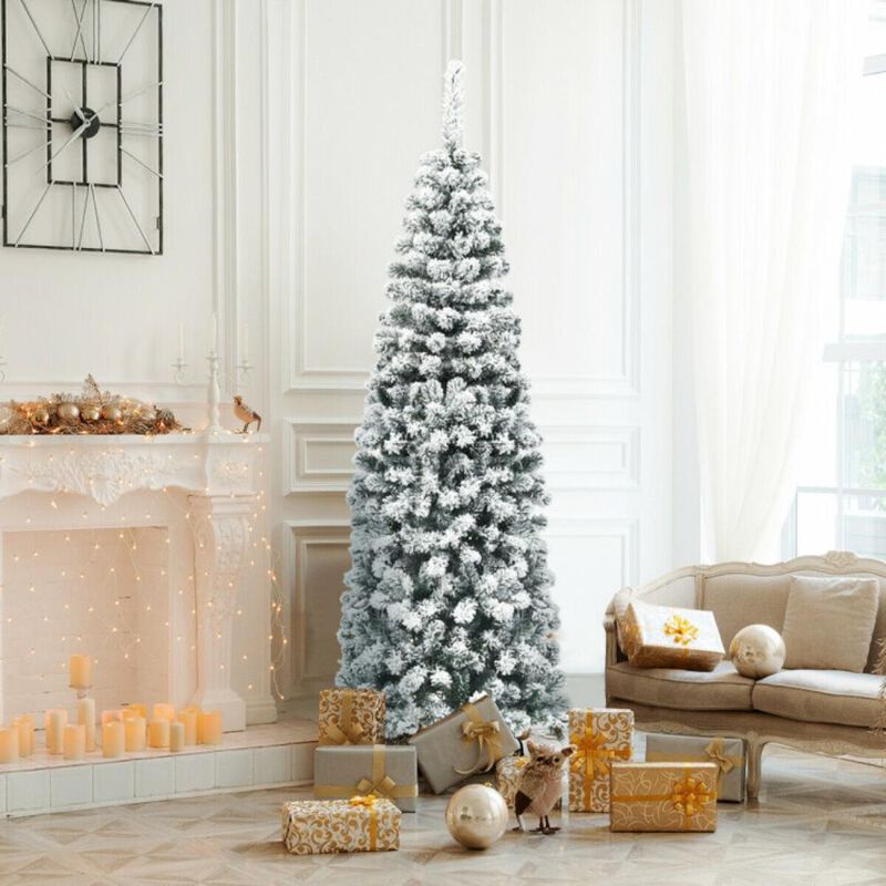 Hivvago 6 Feet Unlit Hinged Snow Flocked Artificial Pencil Christmas Tree with 500 Branch Tip