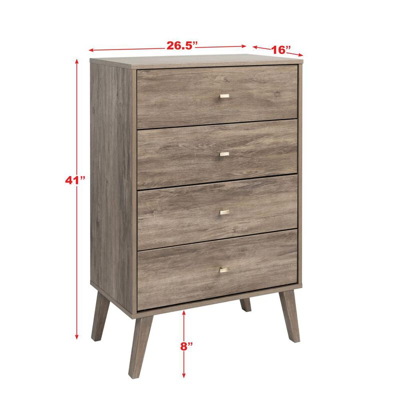 Prepac Milo Mid Century Modern  4-drawer Chest, Drifted Gray
