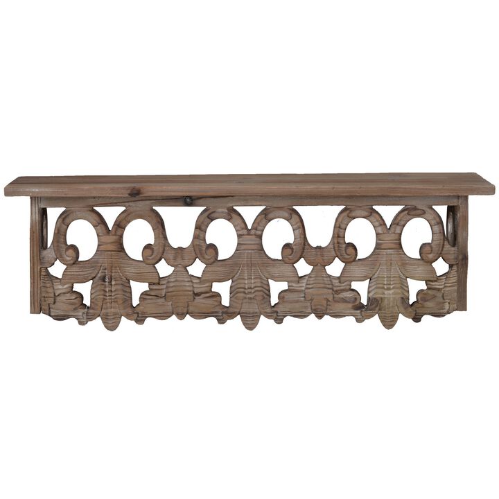 23.5 Inches Wooden Wall Shelf with Scrollwork, Small, Brown-Benzara