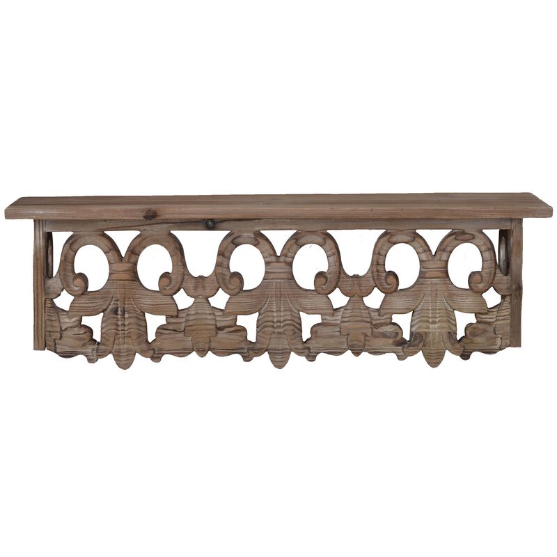 23.5 Inches Wooden Wall Shelf with Scrollwork, Small, Brown-Benzara