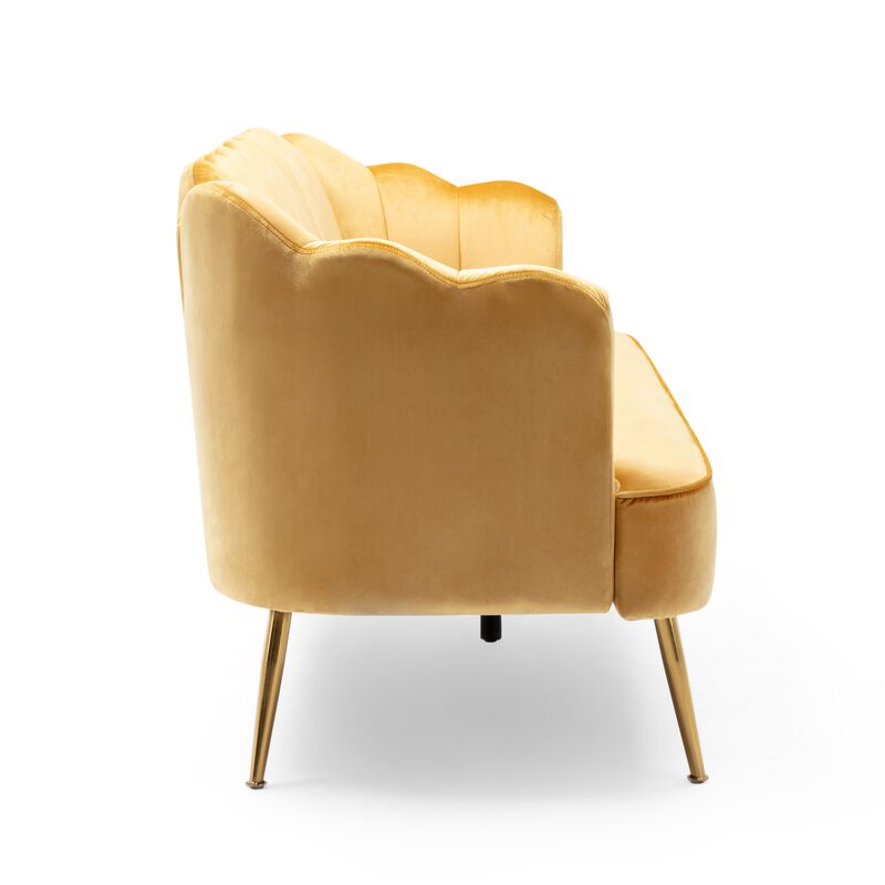 Nika Sofa, Modern Channel Stitched, 76 Inch, Solid Wood, Yellow Velvet - Benzara