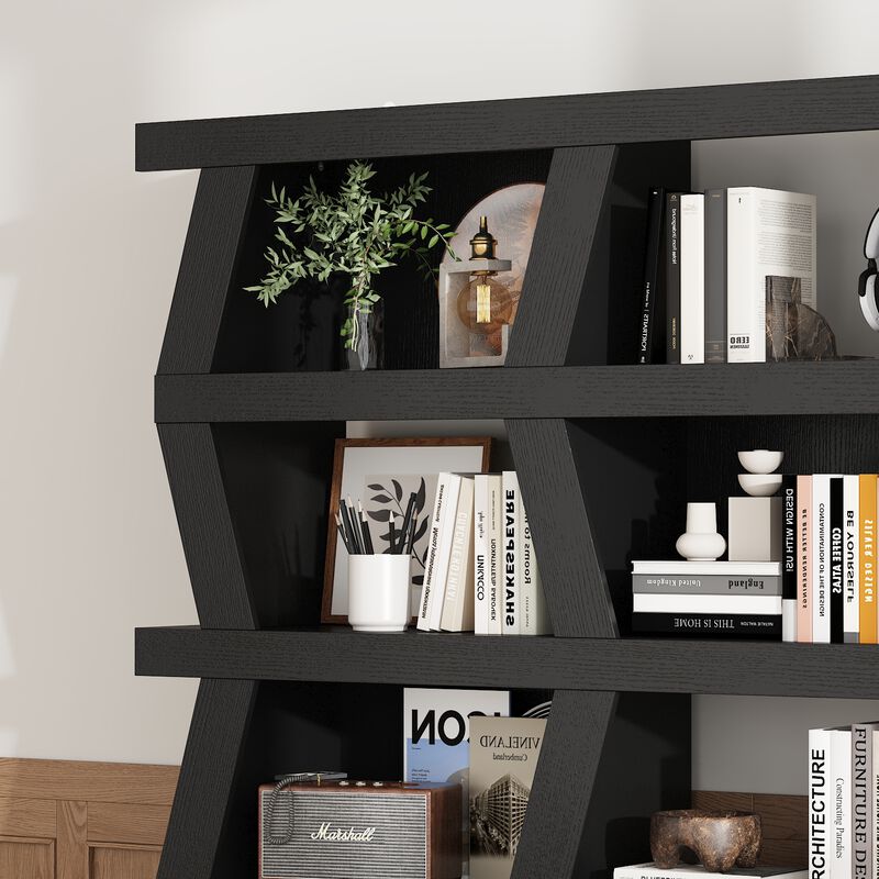 FUFU&GAGA Modern 5-Tier Zigzag Bookcase with Open Shelves (63.8” H x 51.2” W x 12.2” D),Black