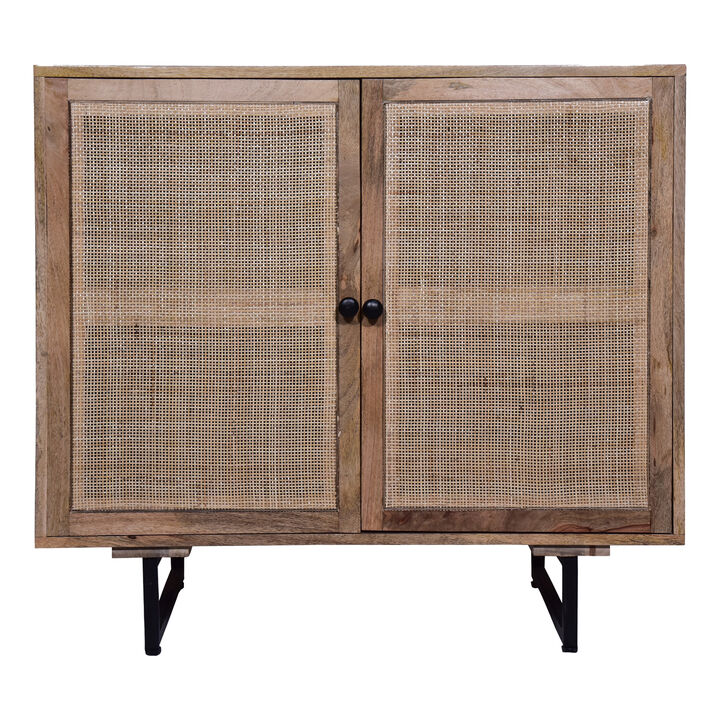 35 Inch Handcrafted Accent Cabinet with 2 Mesh Rattan Doors, Black Iron Legs, Natural Brown Mango Wood Frame-Benzara
