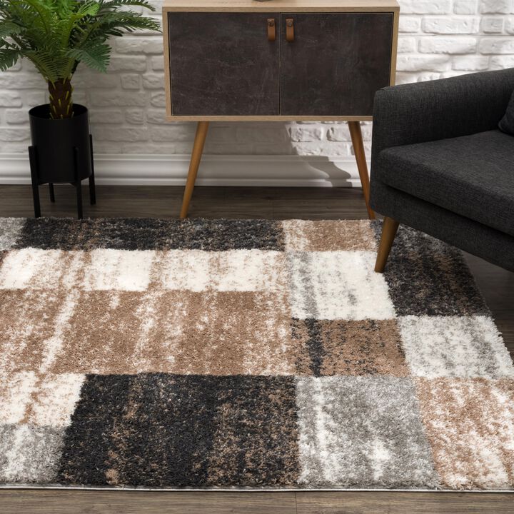 Retro Contemporary Geometric Shag Brown White Indoor Area Rug