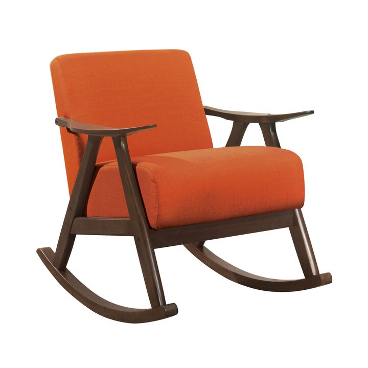 Tim 37 Inch Rocking Armchair, Orange Polyester, Walnut Brown Solid Wood - Benzara