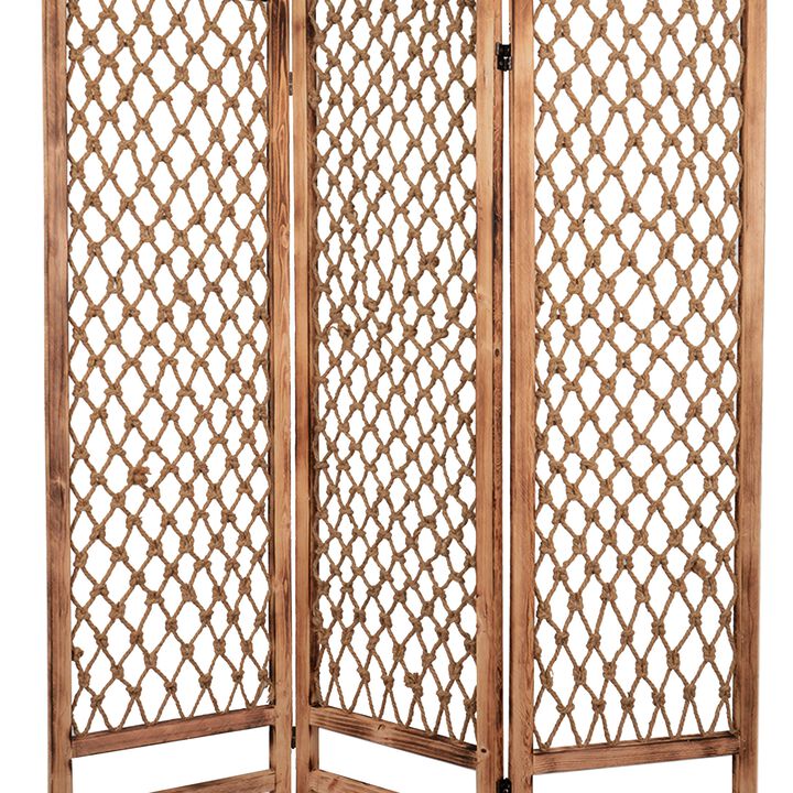 3 Panel Traditional Foldable Screen with Rope Knot Design, Brown-Benzara