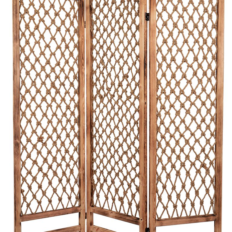3 Panel Traditional Foldable Screen with Rope Knot Design, Brown-Benzara