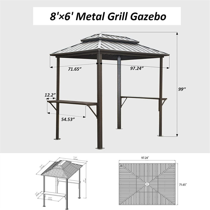 Aluminum BBQ Gazebo - Outdoor Metal Frame, Shelves, Double Roof (Brown)