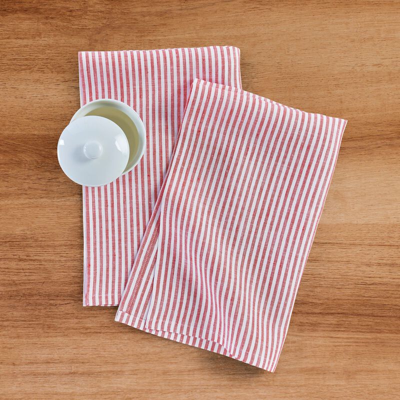 Solino Home 100% Pure Linen Kitchen Towels Set of 2 - 17 x 26 Inch | Narrow Stripe