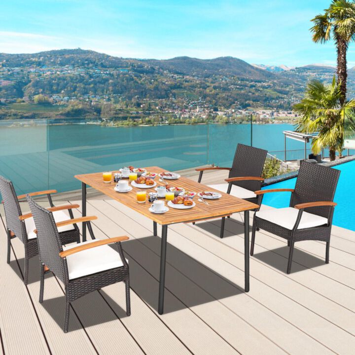 Hivvago 5 Pieces Patio Wicker Cushioned Dining Set with Wood Armrest and Umbrella Hole