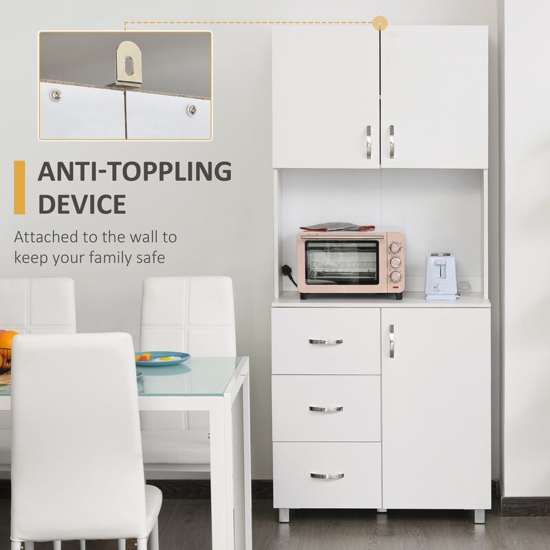 White Kitchen Organizer: Freestanding Hutch Cabinet with Doors and Drawers