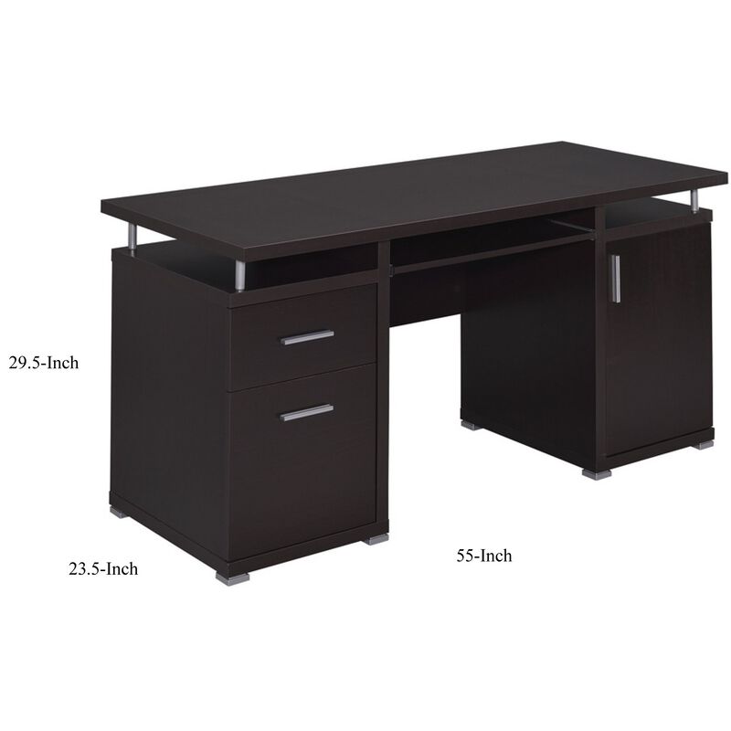Luxurious Computer Desk with 2 Drawers and  Cabinet, Brown-Benzara
