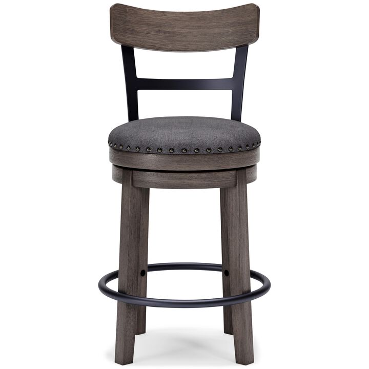 Swivel Barstool with Nailhead Trim and Curved Panel Back, Gray-Benzara
