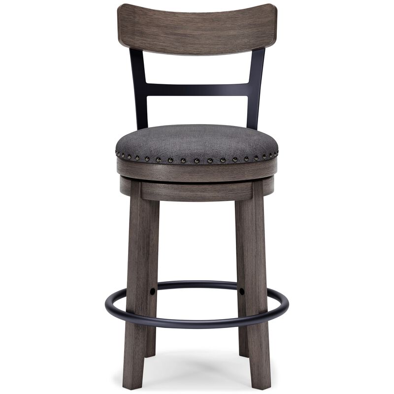 Swivel Barstool with Nailhead Trim and Curved Panel Back, Gray-Benzara